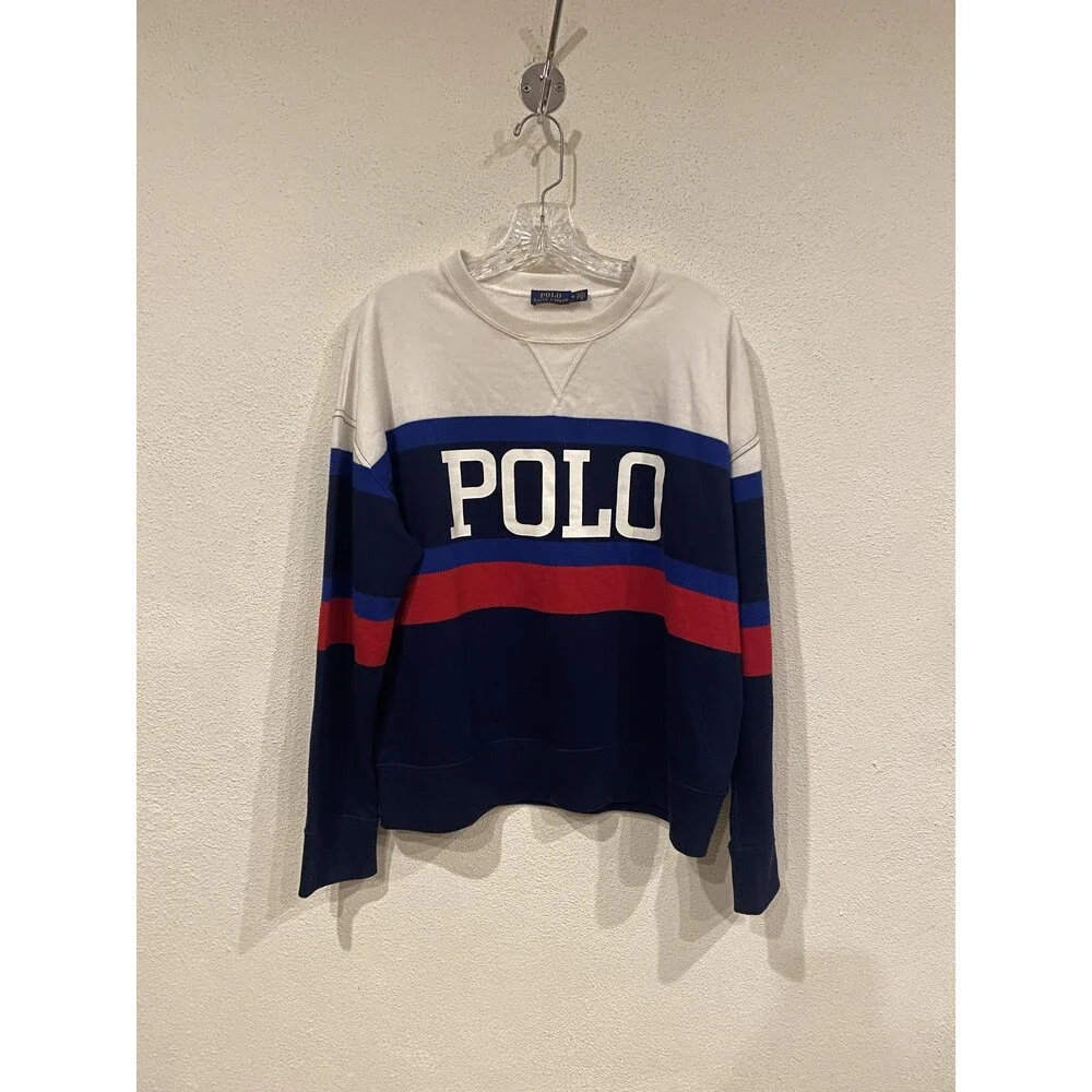 Polo Ralph Lauren Sweatshirt Mens Medium Blue White Stripe POLO Logo Pullover